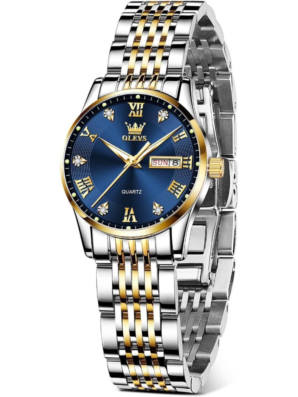 Women's Gold Silver And Blue Analog Quartz Waterproof Stainless Steel Band Watch